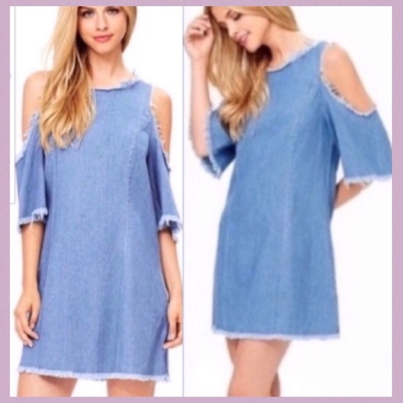 Dresses & Skirts - BLUE DENIUM COLD SHOULDER FRAYED EDGING DRESS